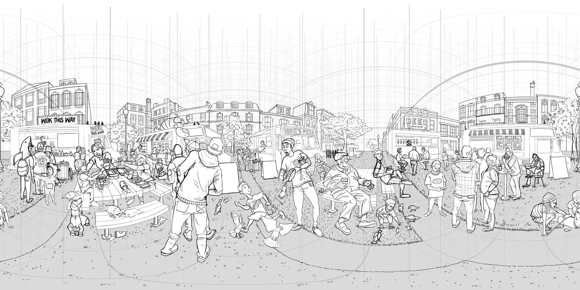 boston food festival 360 panorama illustration sketch